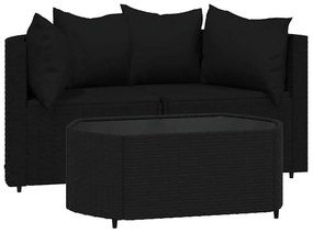 3 részes fekete polyrattan kerti ülőgarnitúra párnákkal