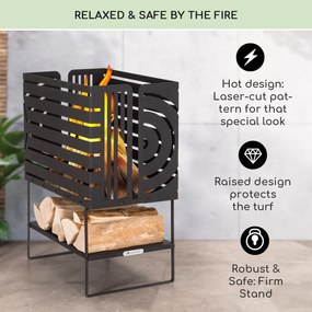Blumfeldt Krakatoa, tűzrakóhely, tömör acél, fa tárolórekesz, lézer-vágott design