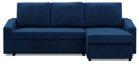 Zeus sarokkanapé, 2 ágyneműtartóval, döntött kartámasz, bársony, univerzális oldal, bonell töltet, kék