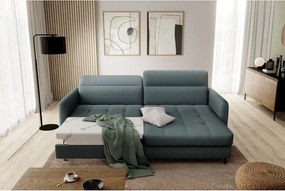 Szürkészöld bársony kinyitható-tárolóhelyes sarokkanapé (jobb oldali-heverő résszel) Gomsi – ELTAP