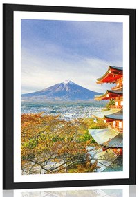 Poszter paszportuval kilátással a Chureito pagodára és a Fuji-hegyre