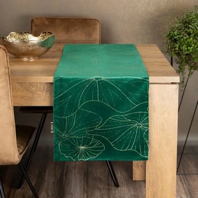 Zöld bársony asztalterítő virágmintás bársony közepén Szélesség: 35 cm | Hosszúság: 180 cm