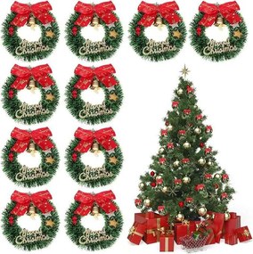 Karácsonyi koszorú mini karácsonyfadísz masnikkal 10 db-os szett