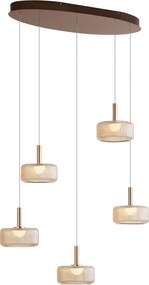 Design függőlámpa rozéarany borostyánszínű üveggel, LED-del, 3 fokozatban szabályozható, 5 égős Easylift - Fiera