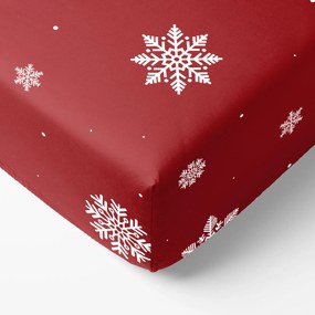 Goldea karácsonyi pamut körgumis lepedő - hópelyhek piros alapon 80 x 200 cm
