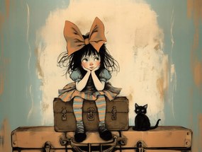 Canvas Vászonkép Lány Fekete Macska Bőrönd Retro Foch 80x60