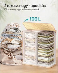 Fedeles bambusz mosókosár, 100 L, 2 rekeszes, hajtogatható bélészsákkal