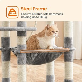 Feandrea stabil macska mászóka barlanggal, 143 cm, világosszürke