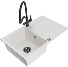 Mexen Bruno egymedencés gránit mosogató csepegtetővel és Duo konyhai csapteleppel, fehér - 6513-20-671701-70-B