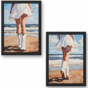 Két darabos poszter szett Nő a tengerparton Fehér cowboycsizma Fashion stílus 50x70 cm