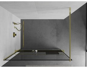 Mexen Kioto +, zuhany paraván polccal és törölközőtartóval 100 x 200 cm, 8mm átlátszó üvegmintás fekete keret, arany profil, 800-100-121-50-70