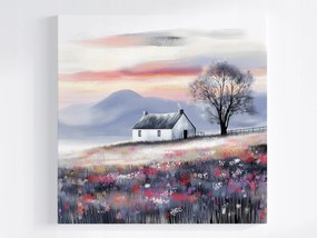 Vászonkép Canvas Vidéki Tájkép Hegyek Rét Virágok Fa Ház 80x80