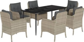vidaXL 7 részes világosszürke polyrattan kerti étkezőszett párnával