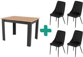 Étkezőgarnitúra 1+4, fekete asztal arany tölgy díszítéssel MADO 120x80cm és fekete bársony étkezőszék IMOLA