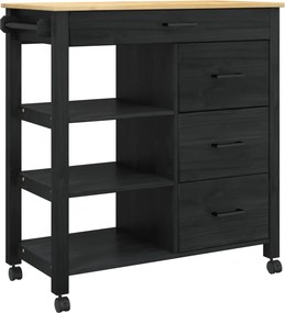vidaXL Konyhai kocsi MONZA Fekete 84 x 40 x 88,5 cm Tömör fenyőfa