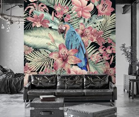 Gario Fotótapéta Parrot a rózsaszín levelek hátterében - Andrea Haase Anyag: Vlies, Méret: 200 x 200 cm