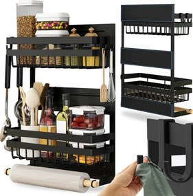 Mágneses Hűtőszekrény Polc Fekete Konyhai Rendszerező Fűszertartó Törölköző