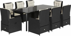vidaXL 9 részes fekete polyrattan kerti étkezőgarnitúra párnákkal