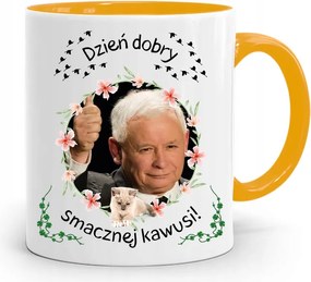 Sárga Vicces Bögre Jaroslaw Kaczynski felirattal, fényképpel