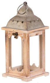 Fa lámpa fém tetővel, magasság 29 cm, természetesszínű