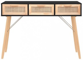 fekete tömör fenyő és természetes rattan kisasztal 105x30x75 cm