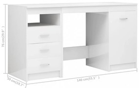 magasfényű fehér szerelt fa íróasztal 140 x 50 x 76 cm