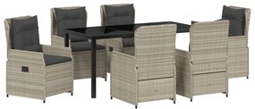7 Darabos Kerti Étkező Szett Világosszürke Polirattan, Kerti Asztal Fekete 160x80x73 cm Edzett Üveg
