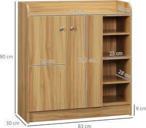 HOMCOM Cipőtároló Szekrény Előszobába - Cipőszekrény 4 Nyitott Rekesszel és Kétajtós Szekrénnyel - Állítható Polc - 83L x 30W x 90H cm - Barna | Aosom