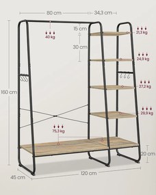 VASAGLE ruhatartó állvány, 45 × 120 × 160 cm, türkizbarna-fekete