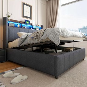 Kárpitozott ágy 140x200 Dupla ágy Led Usb Hidraulikus szürke