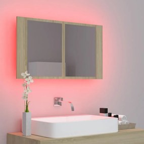 tölgyszínű akril LED-es tükrös fürdőszobaszekrény 80x12x45 cm