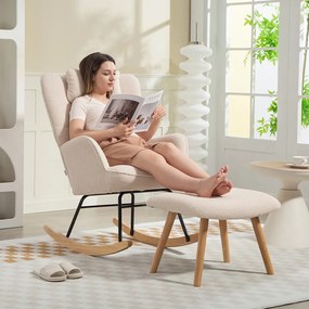 HOMCOM Hintaszék lábtartóval, puha gyapjú huzat, fa lábak, párna, magas háttámla, hintaszék, bézs