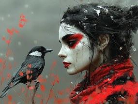 Vászonkép Canvas Grafika Nő Madár Holló Szürrealizmus Sötét 80x60
