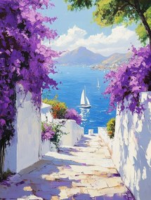 Vászonkép Canvas Görögország Santorini Utca Tenger Virágok Kilátás 60x80