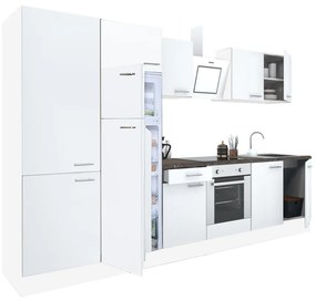 Yorki 330 konyhabútor fehér korpusz,selyemfényű fehér front alsó sütős elemmel polcos szekrénnyel és felülfagyasztós hűtős szekrénnyel