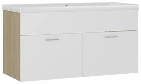 fehér, tölgyszínű szerelt fa mosdószekrény beépített kagylóval