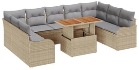 10 Darabos Kerti Kanapé Szett Párnákkal Bézs Poly Rattan Akáccal, 2 Fős Kerti Kanapé Párnákkal Bézs Poly Rattan