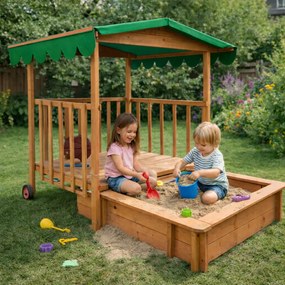 HAPPY verandás homokozó, 130x130x143cm, barna/zöld Jurhan