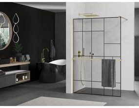 Mexen Kioto+, Walk-In zuhanyparaván polccal és akasztóval 130 x 200 cm, 8 mm átlátszó üveg fekete mintás, arany matt profil, 800-130-121-55-78