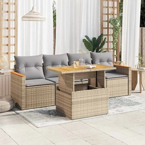 5 részes bézs polyrattan és akácfa kerti ülőgarnitúra párnákkal