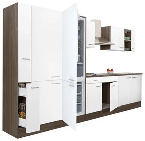 Yorki 360 konyhablokk yorki tölgy korpusz,selyemfényű fehér fronttal polcos szekrénnyel és alulfagyasztós hűtős szekrénnyel