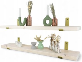 Fehérített fenyő fali polc arany glamour konzolokkal 30cm x 20cm