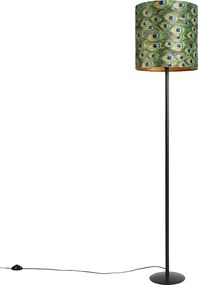 Fekete állólámpa bársony árnyékolóval, páva arany 40 cm - Simplo