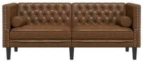 2 személyes barna műbőr Chesterfield kanapé hengerpárnákkal