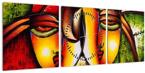 Kép - olajfestmény, absztrakt arcok (órával) (90x30 cm)
