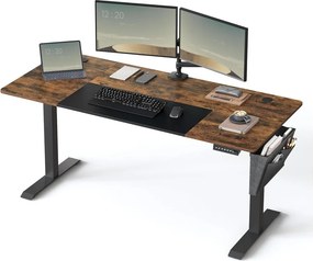 Elektromosan állítható íróasztal, 160 x 70 cm, 72–120 cm, 4 memóriahellyel, vintage barna/fekete