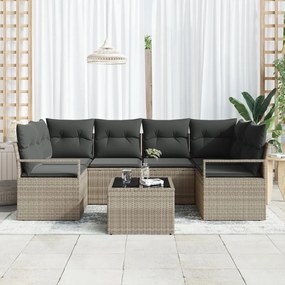 7 részes kerti kanapészett párnákkal világosszürke poli rattan, 2 üléses kerti kanapé párnákkal szürke poli rattan