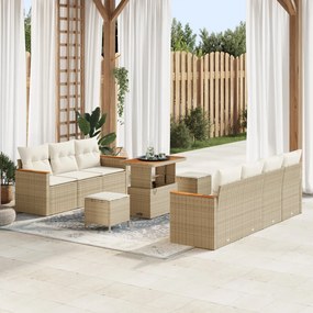 10 Darabos Kert Sofa Szett Párnákkal Bézs Poli Rattan Akáciával