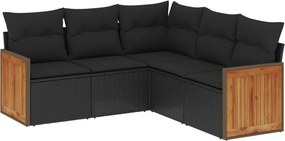 vidaXL 5 részes fekete polyrattan kerti kanapészett párnákkal