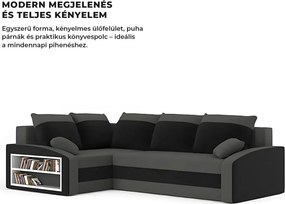 Grande sarokkanapé polcokkal , polc a bal karfaban, baloldali, szövet anyag, bonell töltet, szürke - fekete